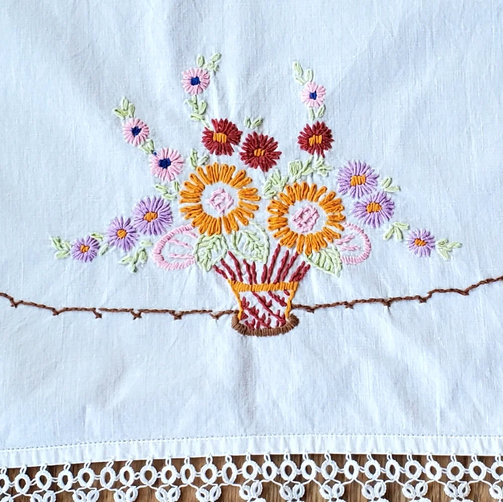 Vintage Handcrafted Needlepoint Flowers Table Runner, Crochet Edge, 37